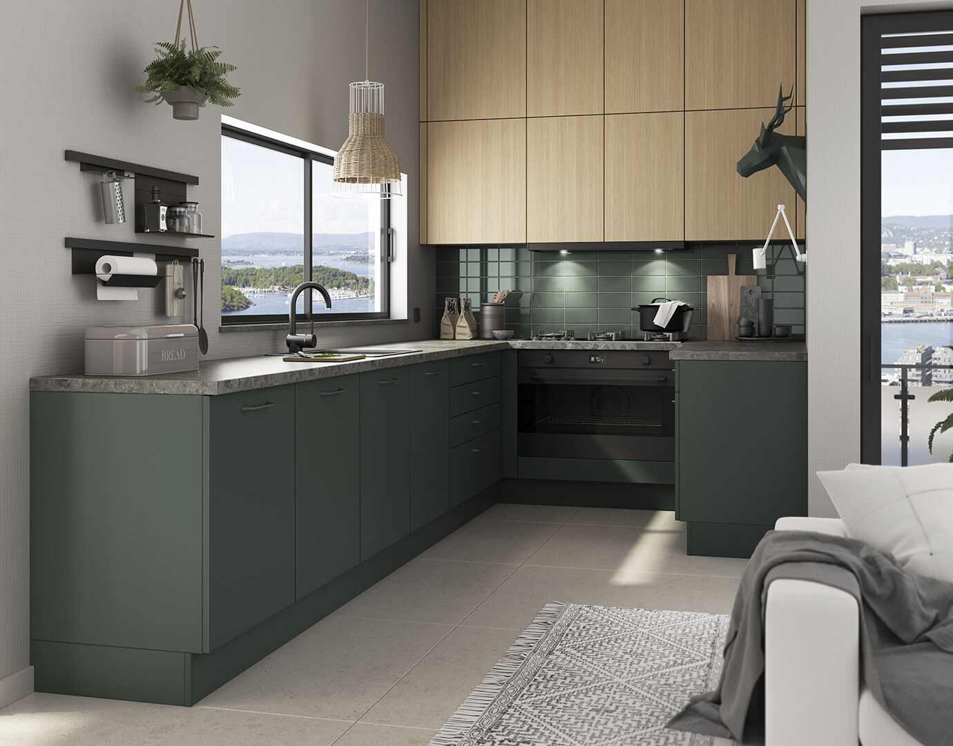 Optimaal ruimtegebruik in trendy groene keuken